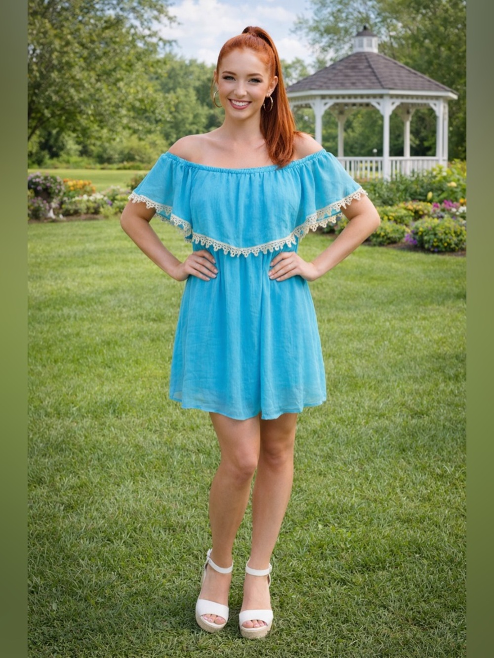Charming Charlie Blue Mini Dress with White Lace Trim